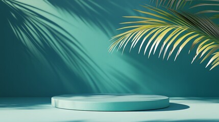 Obraz premium A green pedestal sits on a green floor, with a green wall in the background and a palm leaf on either side.