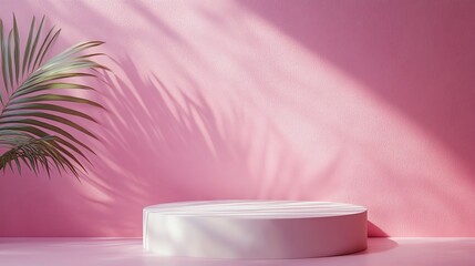 A white round platform on a pink background with a palm leaf and shadows.