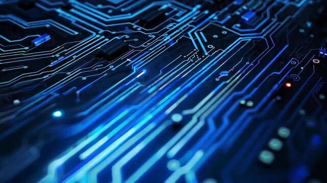 A close-up of a digital circuit board highlights intricate lines and vibrant blue patterns against a dark gradient, showcasing the complexity of modern technology and electronics.