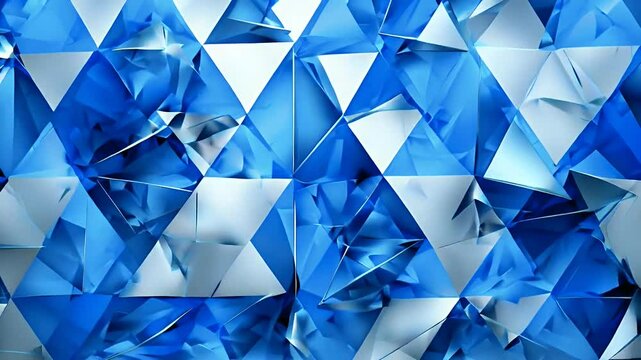 A geometric pattern of blue and silver triangles creating a 3D effect.