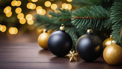 fir branch with black and gold christmas balls on christmas background