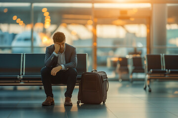Stress businessman sitting at the airport terminal. Business trip, flight delay or cancel concept