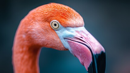 Fototapeta premium A tight shot of a flamingo's head featuring a black-and-white neck stripe
