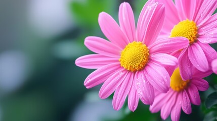 Obraz premium A few pink blooms atop a verdant field of grass, surrounded by a lush canopy of green leaves, against a softly blurred backdrop