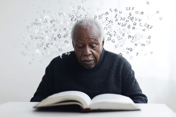 Elderly african american man is reading a book with difficulty as letters and numbers float around him