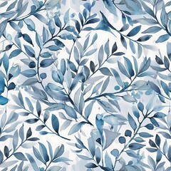 Watercolor blue and grey leaves and branches seamless pattern, hand painted on a white background