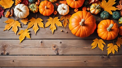 Autumn harvest arrangement with pumpkins and colorful leaves on wood