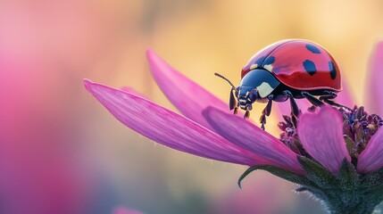 Fototapeta premium A ladybug atop a pink flower's center