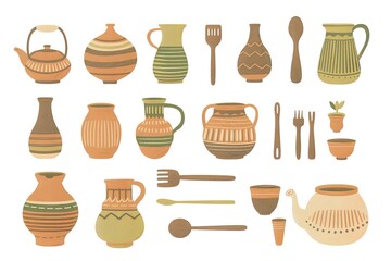 Realistic clay kitchenware composition with set of various pieces of dishware with jars pots and cups vector illustration