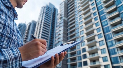 Person conducting building inspections with clipboard in hand.