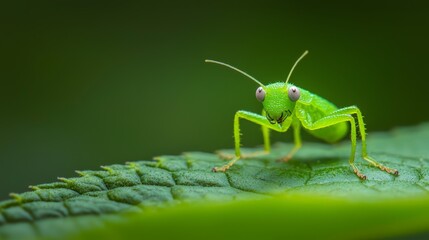 Fototapeta premium A tight shot of a green grasshopper atop a verdant leaf, surrounded by a softly blurred background