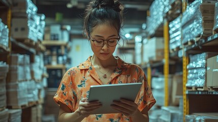 woman with tablet in an industrial warehouse, using mobile technology to enhance logistics operations and system management, showcasing professional diligence