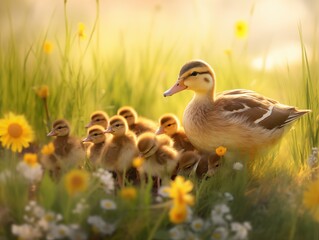 Obraz premium Painting of a duck mother with her five ducklings nestled among wildflowers in a sunlit meadow