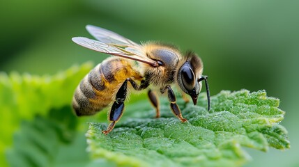  Close-up of a bee on a wet leaf Water droplets adorn its wings against a verdant background