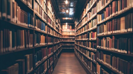 Obraz premium Rows of books on tidy shelves in a quiet library, inviting readers to explore and immerse themselves in knowledge