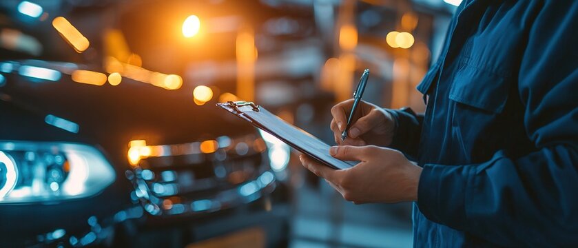 Mechanic performing vehicle diagnostics with a clipboard.