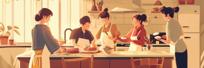 In a cozy kitchen setting, friends collaborate on baking, depicted in showcasing their interaction and the delightful process of cooking together, shared hobby for a group of people, deep connections