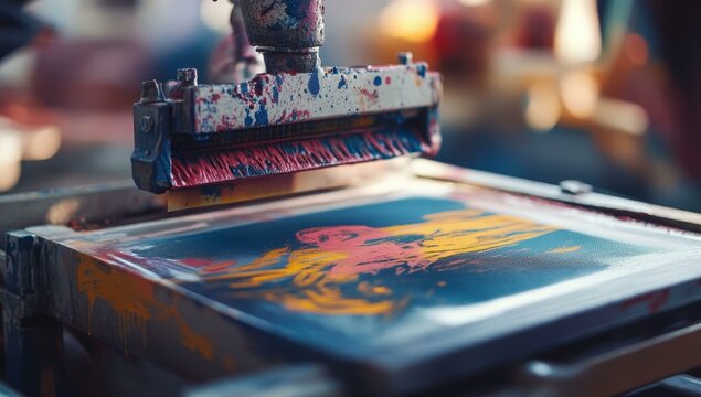 Close-up of a printing press with colorful ink.