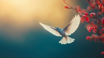 Obraz premium A white bird flies beside a tree, adorned with red berries on its branches against a backdrop of a clear blue sky