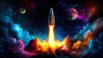 A colorful space scene with a rocket launching into the sky. The rocket is surrounded by a cloud of smoke and the sky is filled with stars and planets. Scene is one of excitement and wonder