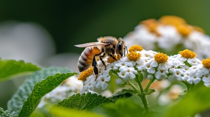  A tight shot of a bee atop a white and yellow flower, surrounded by foreground foliage and background greenery
