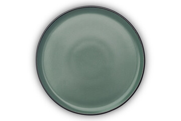 Top view of single empty green ceramic plate with black edge isolated on white background with clipping path.