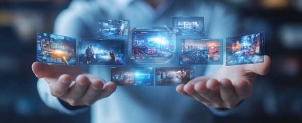 Fototapeta premium Man Holding Holographic Screens