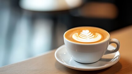 Obraz premium A cappuccino on a white saucer atop a wooden table