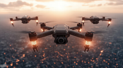 Armored drones in a sky dispute, set to launch an aerial assault, highlighting advanced technology