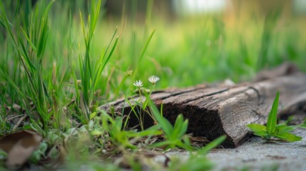 Obraz premium A tight shot of a segment of wood bearing a blooming flower and emergent grass