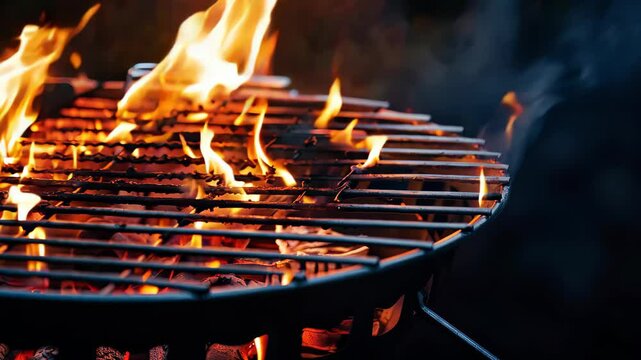 A close-up of a barbecue grill showcases vibrant flames dancing above the grates, radiating warmth and excitement. Ideal for culinary themes, this the essence of outdoor gatherings.
