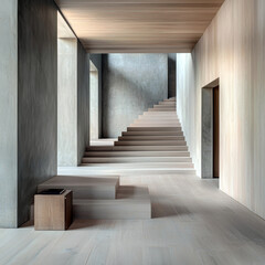 Fototapeta premium A large, empty room with a staircase leading up to a door. The room is made of wood and has a minimalist design
