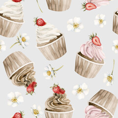 Cupcakes with strawberry and flowers. Watercolor seamless pattern on blue background for wrapping paper, table textile