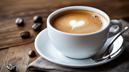 Obraz premium A cup of coffee on a saucer, accompanied by a spoon and spoon rest, neatly arranged on a napkin atop a wooden table