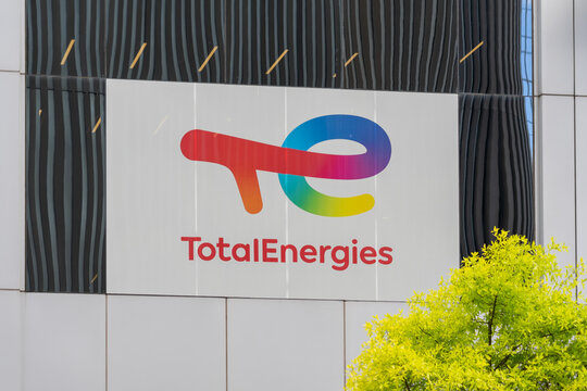 Houston, Texas, USA - April 14, 2024: Closeup of TotalEnergies logo and sign  on th ebuilding in Houston, Texas, USA. TotalEnergies is a global integrated energy company. 