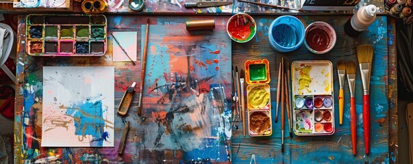 Artist's Palette with Paintbrushes and Paints.