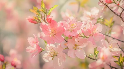 Obraz premium A tree's branches are adorned with a mass of pink blossoms against a hazy backdrop of similar flowers