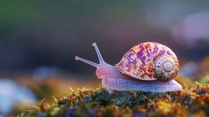  A tight shot of a snail atop mossy terrain with a softly blurred background