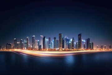 Fototapeta premium Night skyline of a futuristic city with light trails reflected on calm water