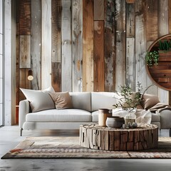 Sustainable and Eco Friendly Modern Living Room with Reclaimed Wood and Upcycled Furniture Showcasing Rustic Charm and Minimalist Design
