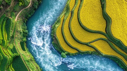 A river with a yellow and green field on the other side