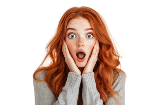 Isolated surprised redhead female model wearing grey long sleeve on blank background cut out - Powered by Adobe