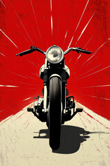 Fototapeta premium A motorcycle is shown in a red background with a black and white color scheme. The motorcycle is the main focus of the image, and it is in motion, as if it is speeding down a road