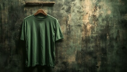 Naklejka premium Green t-shirt hangs on wooden hanger against wall.