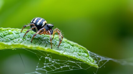 Fototapeta premium A tight shot of a spider on a leaf, its legs framing a spiderweb in the center