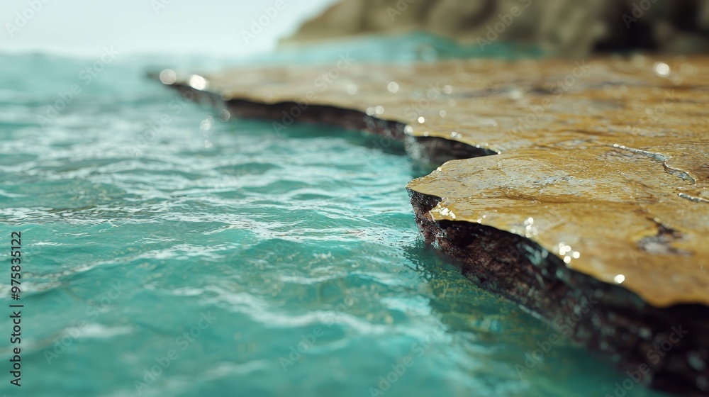 Wall mural a tight shot of a swimming pool, water cascading over its edge, and a central stone outcropping