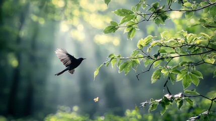 Fototapeta premium A bird soars above the forest, green leaves rustling beneath Sunlight filters through tree canopy, illuminating leaves