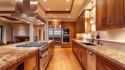 home improvement featuring a modern luxury kitchen with wood cabinets, granite countertop, and stainless steel appliances under chic accent lighting