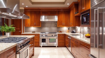 elegant and functional modern kitchen design with wood cabinets, granite countertop, stainless steel appliances, and stylish accent lighting for a contemporary home