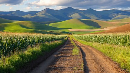 Naklejka premium A dirt road winds through a field of corn